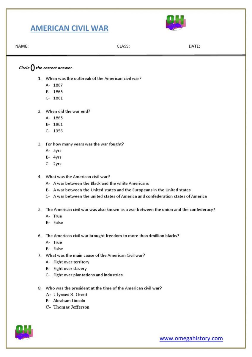 American Civil War Free Printable Worksheet For Students Pdf